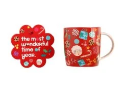 Kasey Rainbow Sparkly Season Mug 350ML & Coaster Set Red Gift Boxed -Table Accents Shop dx1297 set