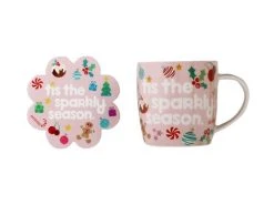 Kasey Rainbow Sparkly Season Mug 350ML & Coaster Set Pink Gift Boxed -Table Accents Shop dx1298 set